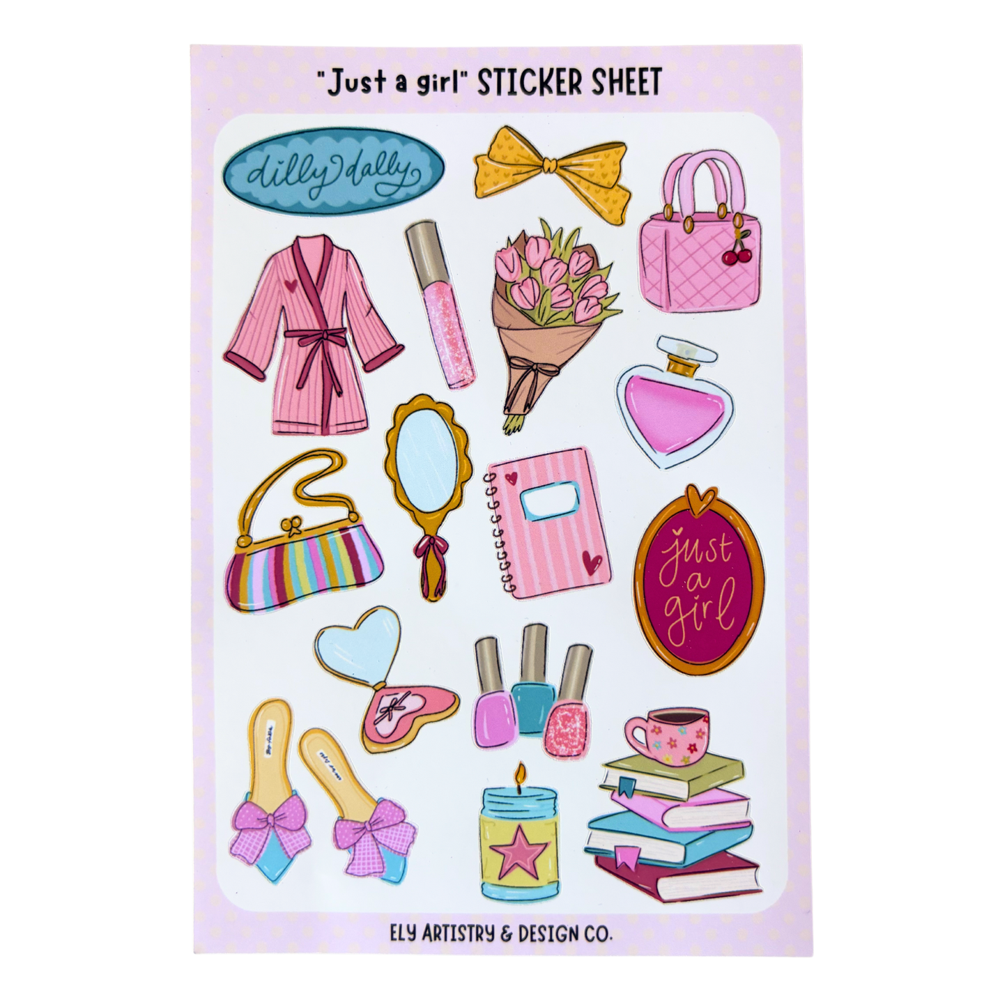 Sticker sheet with various illustrations including a robe, handbag, and books on a white background.