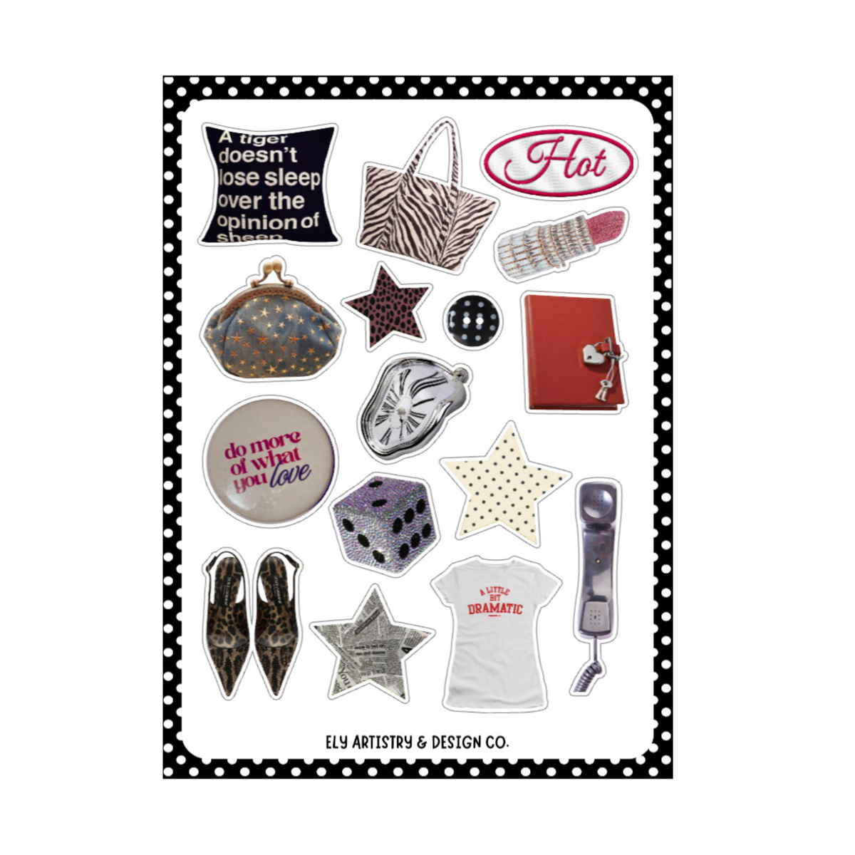 A sheet of die-cut stickers featuring various fashion and lifestyle-themed designs, including zebra-print handbags, leopard-print shoes, a lipstick, a clutch, a die, a star, and various text-based stickers, presented on a white background with a black and white polka dot border.