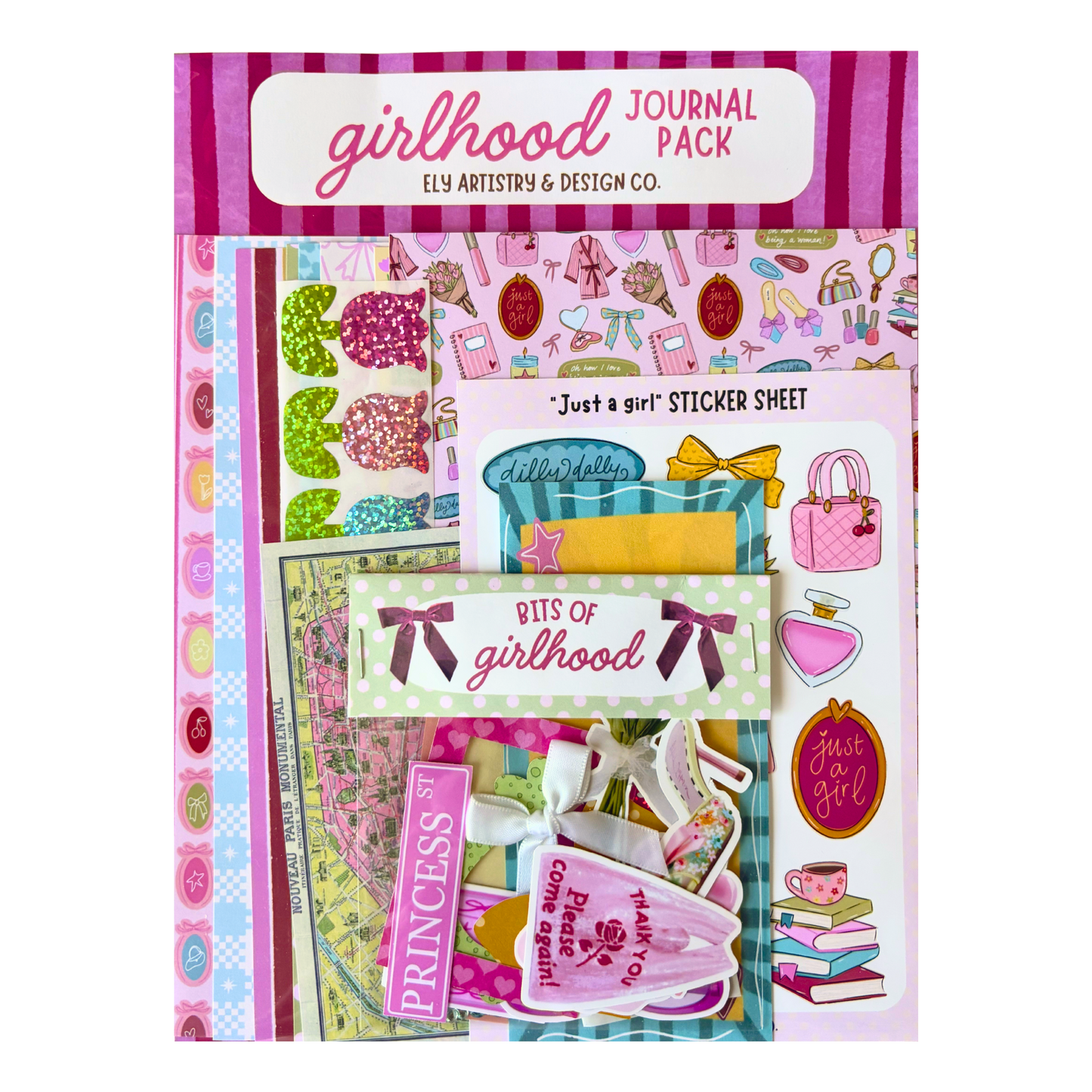 Girlhood Journal Pack with stickers and stationery items on a white background