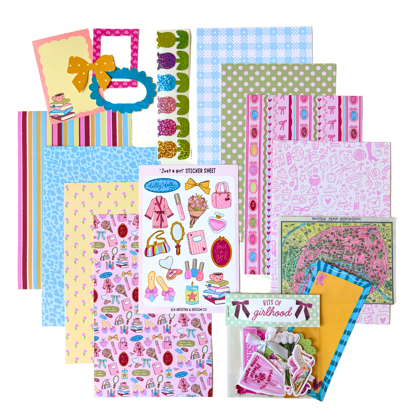 Collection of colorful stationery items including paper sheets and stickers on a white background
