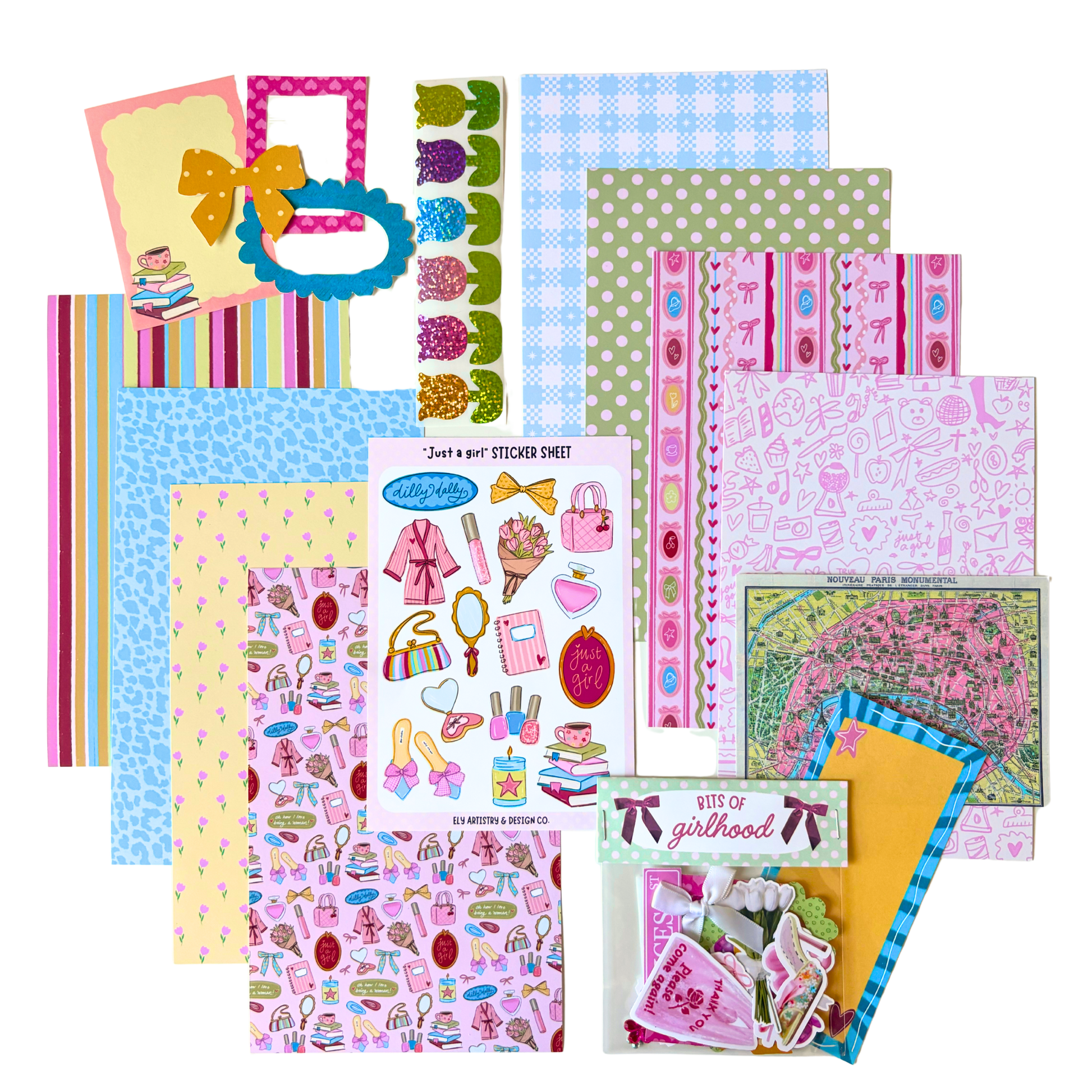 Collection of colorful stationery items including paper sheets and stickers on a white background