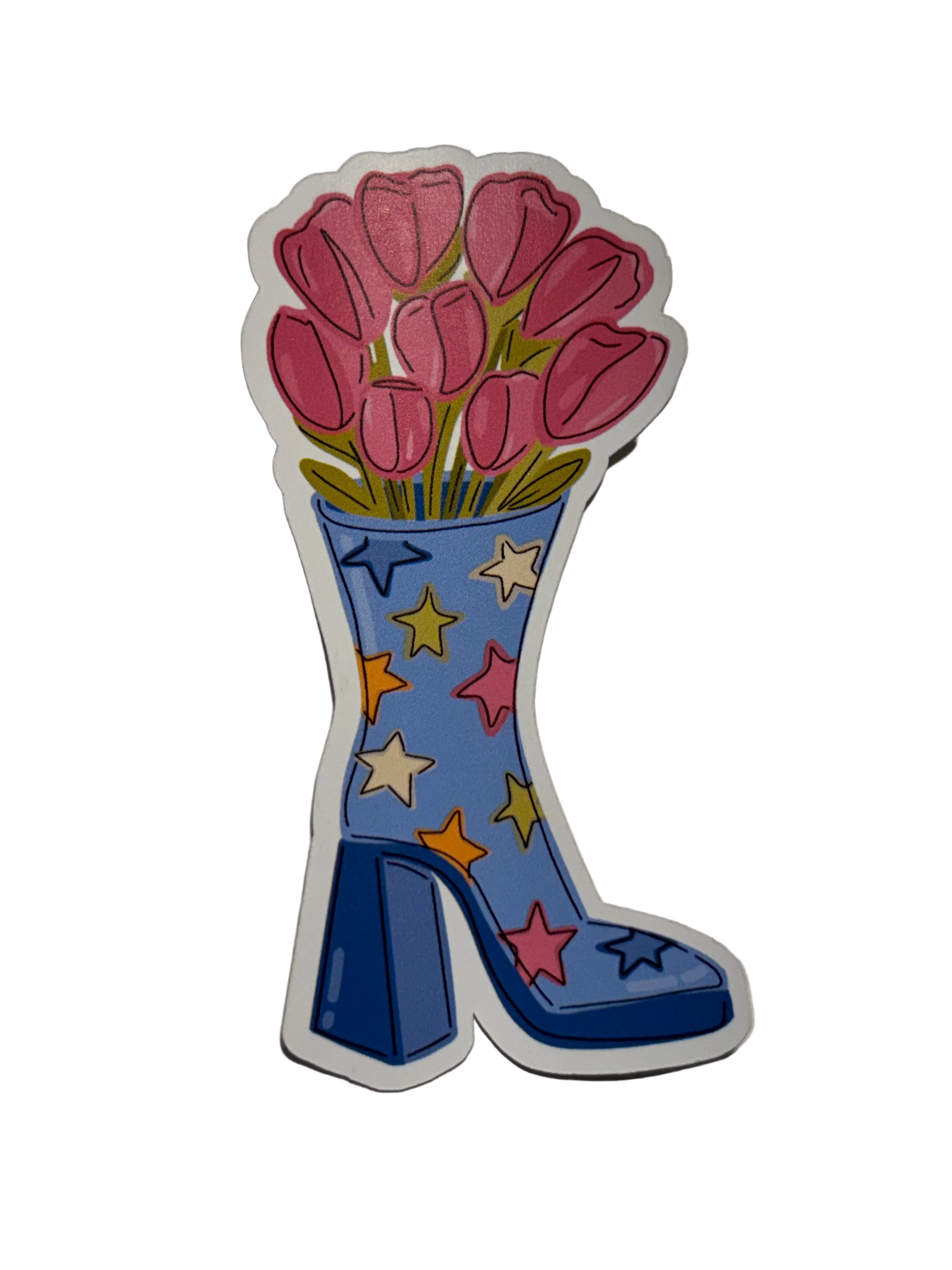 A die-cut sticker featuring a blue high-heeled boot filled with pink tulips, decorated with colorful stars, shown on a plain light background.