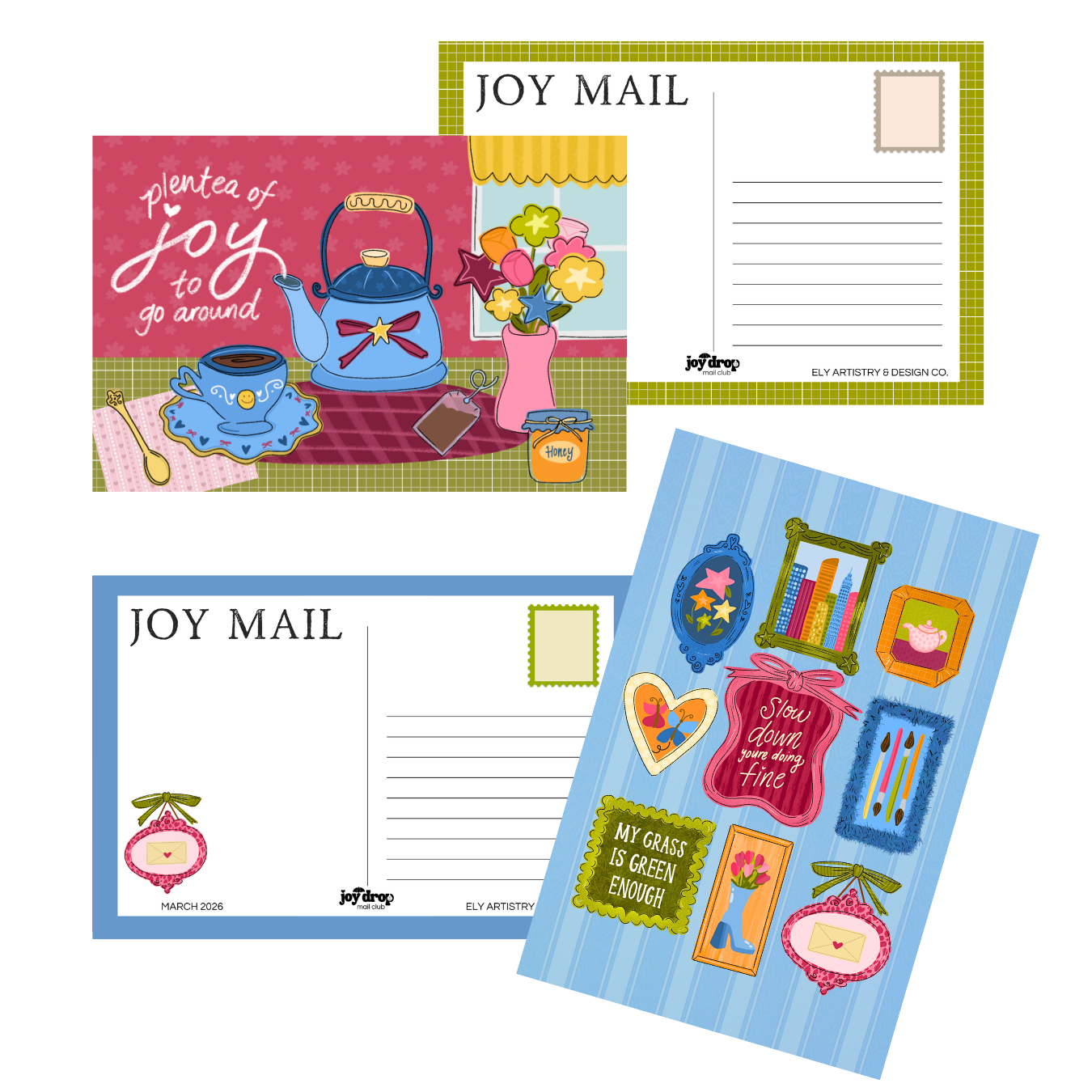 Set of postcards with decorative designs, including a teapot and a gallery wall, the first postcard has a pink background and a blue teapot set and the words 'pleantea of joy to go around', and the second has a blue striped background and various sized frames for a gallery wall design. Each postcard says 'JOY MAIL' on the back in black on a white background. 