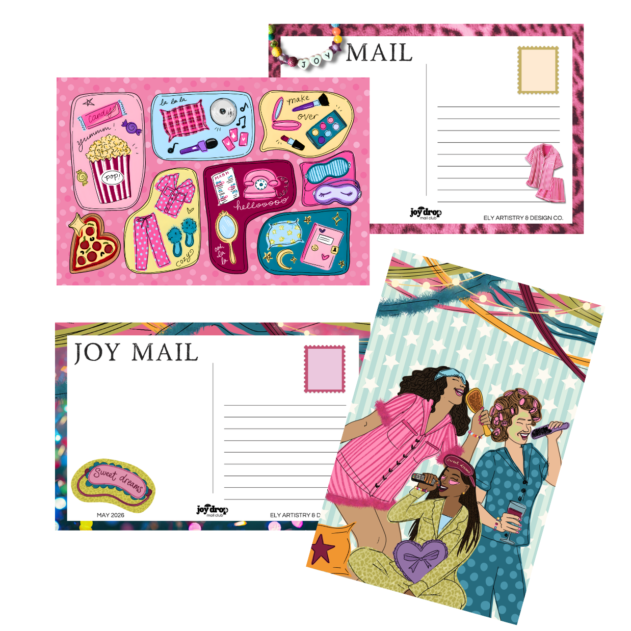 Two postcards showing front and back, top postcard is pink with sleeper art and the bottom is blue with three girls singing wearing pajamas with streamers, stars, and stripes in the background. The back of the postcards read "JOY MAIL" with lines to write.