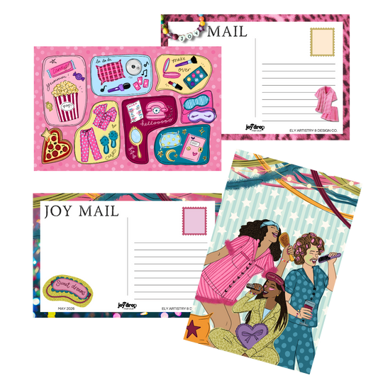 Two postcards showing front and back, top postcard is pink with sleeper art and the bottom is blue with three girls singing wearing pajamas with streamers, stars, and stripes in the background. The back of the postcards read "JOY MAIL" with lines to write.