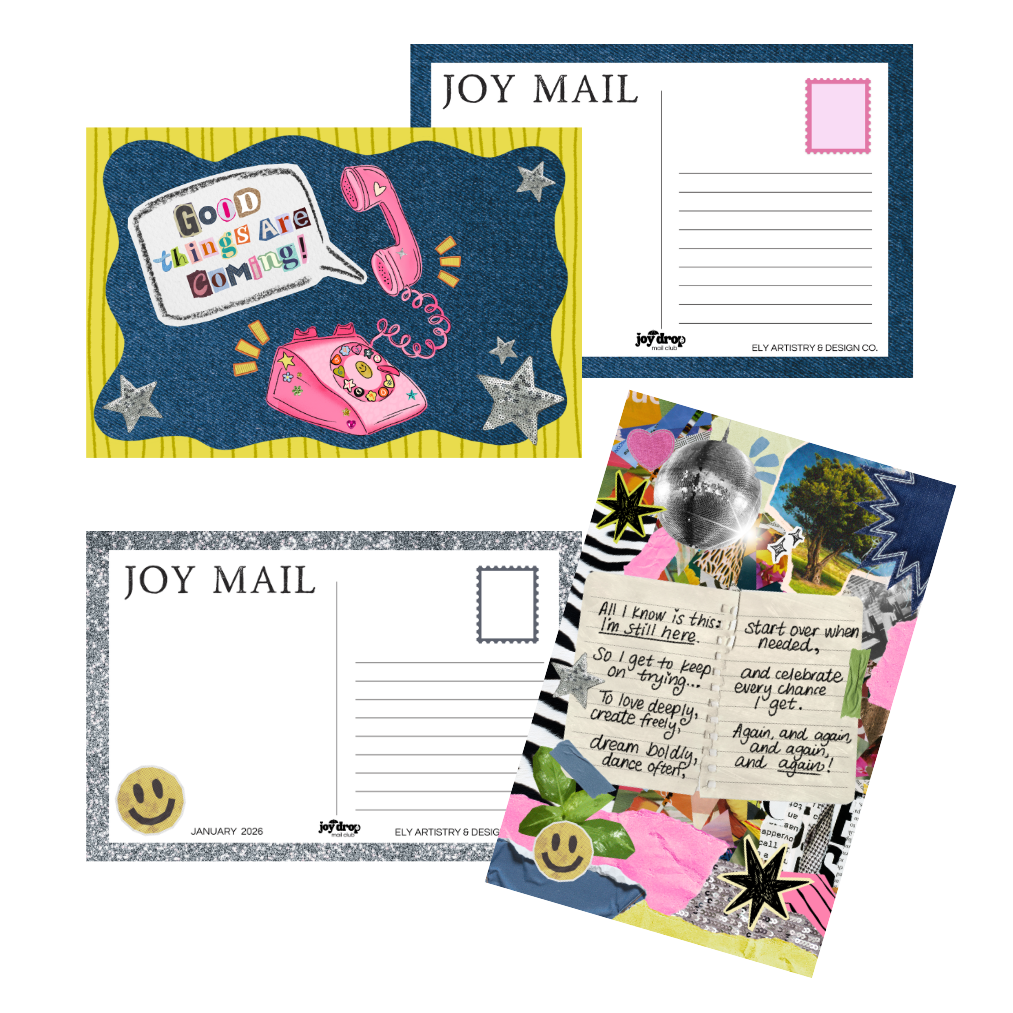 Collection of colorful postcards with collage-style designs and text on a white background