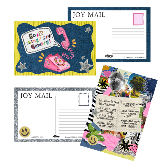 Collection of colorful postcards with collage-style designs and text on a white background